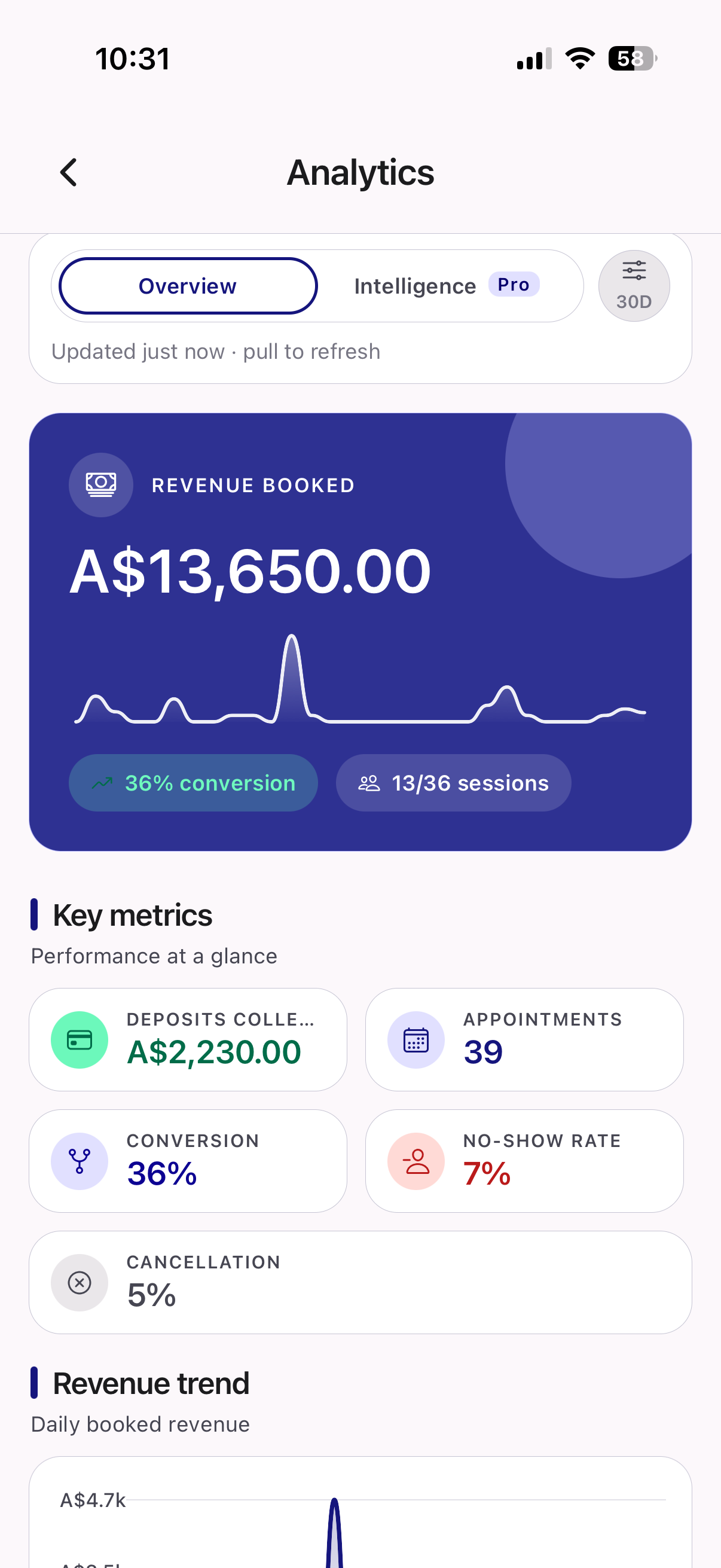 Appointoze Analytics Overview dashboard showing revenue booked, conversion rate, deposits collected, and no-show metrics